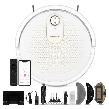 Sencor - Розумний робот-пилосос з мопом 2 в 1 28 Вт/2600 мАг Wi-Fi білий + дистанційне керування