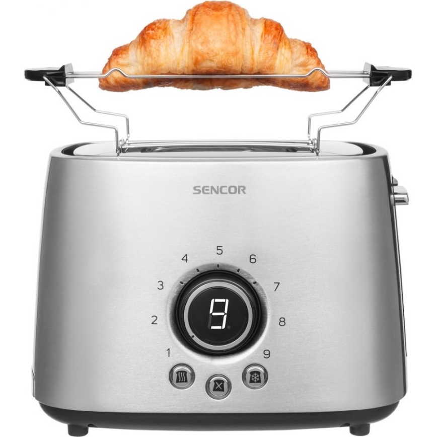Sencor - Тостер на 2 тоста с насадкой для подогрева, 1000 Вт/230 В, серебристый
