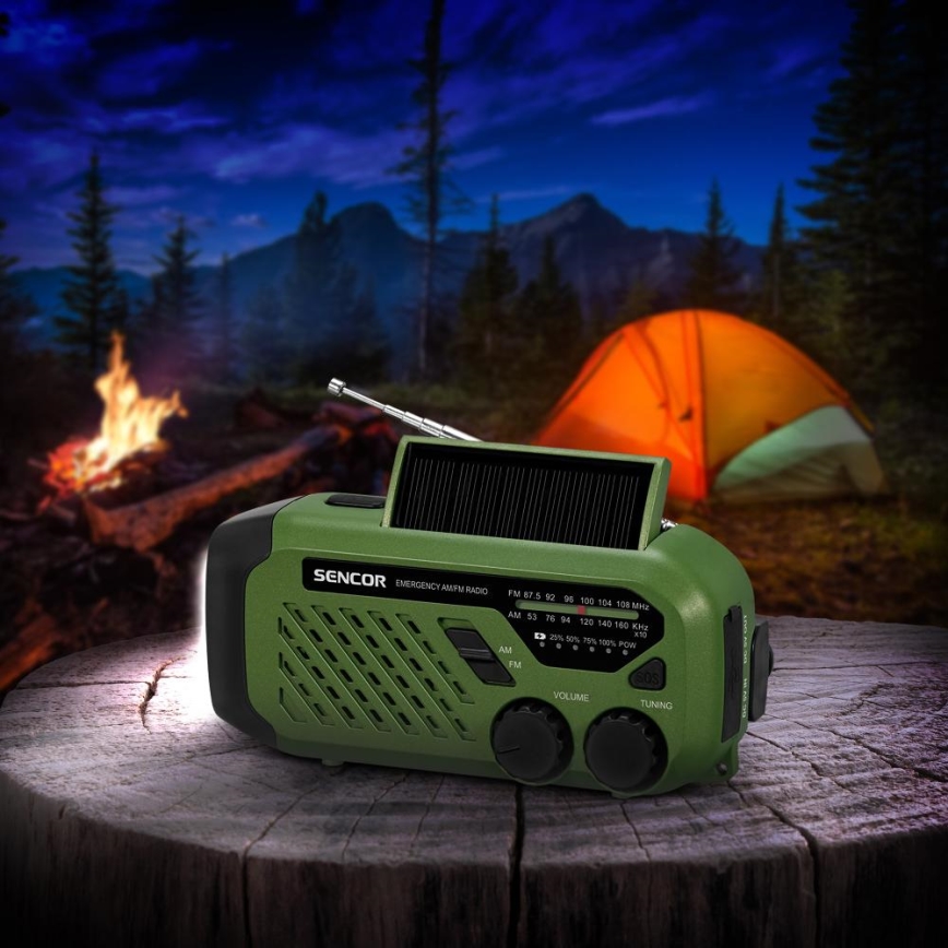 Sencor - Кемпинговое радио с солнечной панелью и светодиодным фонарем 5V/2000 mAh IPX4 зеленый