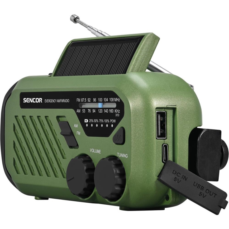 Sencor - Кемпинговое радио с солнечной панелью и светодиодным фонарем 5V/2000 mAh IPX4 зеленый