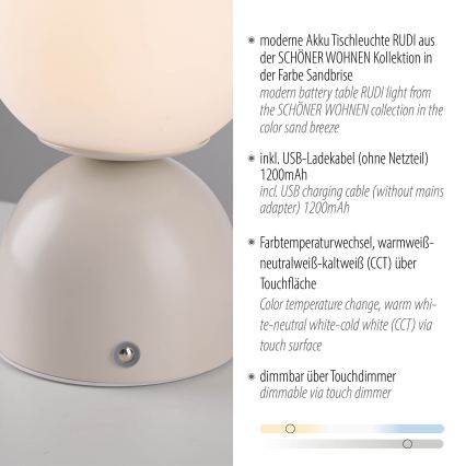 Schöner Wohnen 19218-39 - перезаряджувальна сенсорна настільна лампа RUDI LED/1,2W/5V 3000-6000K 1200 mAh із регулюванням яскравості, сіра