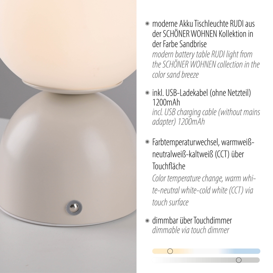 Schöner Wohnen 19218-39 - перезаряджувальна сенсорна настільна лампа RUDI LED/1,2W/5V 3000-6000K 1200 mAh із регулюванням яскравості, сіра