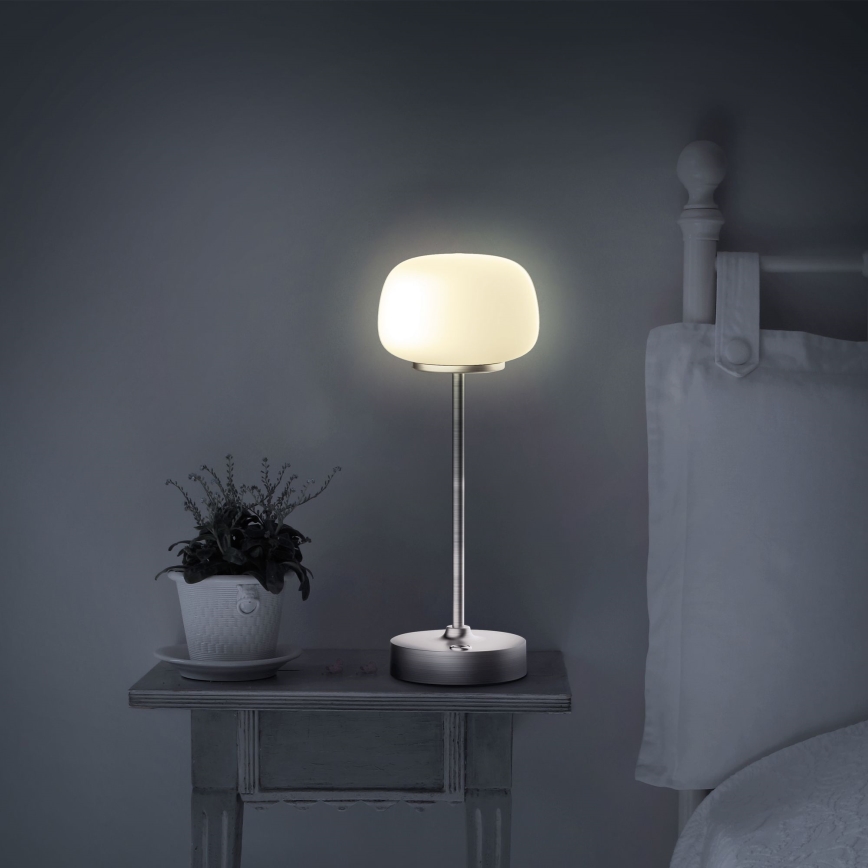 Сенсорна настільна LED лампа з регулюванням яскравості RIMINI LED/2W/5V USB 2000 mAh матовий хром/білий