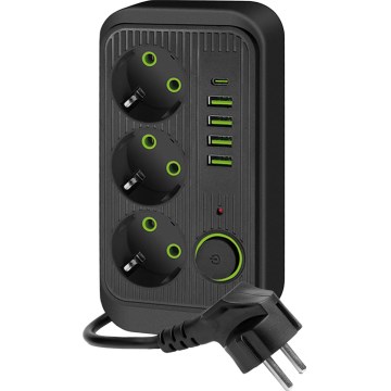 Сетевой разветвитель с выключателем LINEA 3x230V + 5xUSB A/C 1,5 м SCHUKO черный