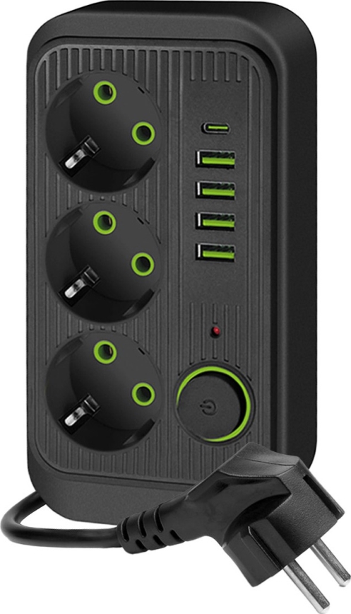 Сетевой разветвитель с выключателем LINEA 3x230V + 5xUSB A/C SCHUKO 3 м черный