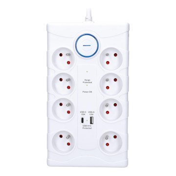 Сетевой удлинитель с выключателем и защитой от перенапряжения 8Z Тип E + 1xUSB-A + 1xUSB-C 2 м белый