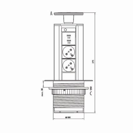 Соединительный розеточный блок для столешницы 2x230V +USB-A 3,1A +UBS-C 15,5W 230V