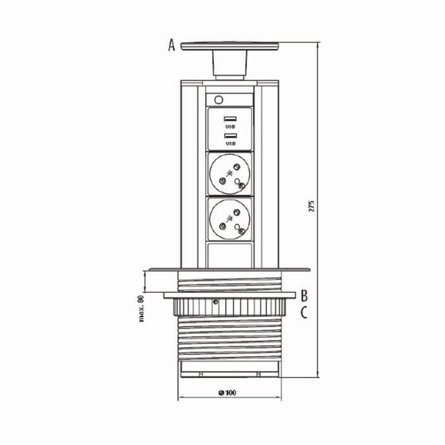 Соединительный розеточный блок для столешницы 2x230V +USB-A 3,1A +UBS-C 15,5W 230V