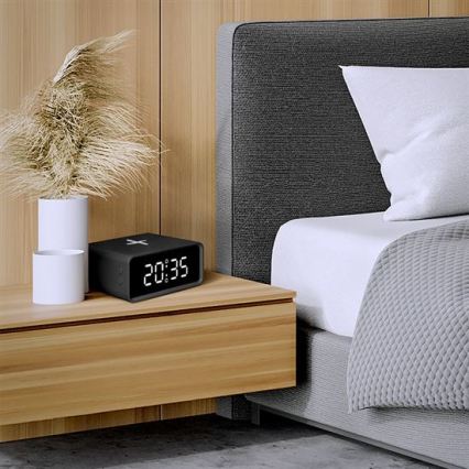 Цифровий годинник із бездротовою зарядкою Qi, 230V/CR2032, чорний