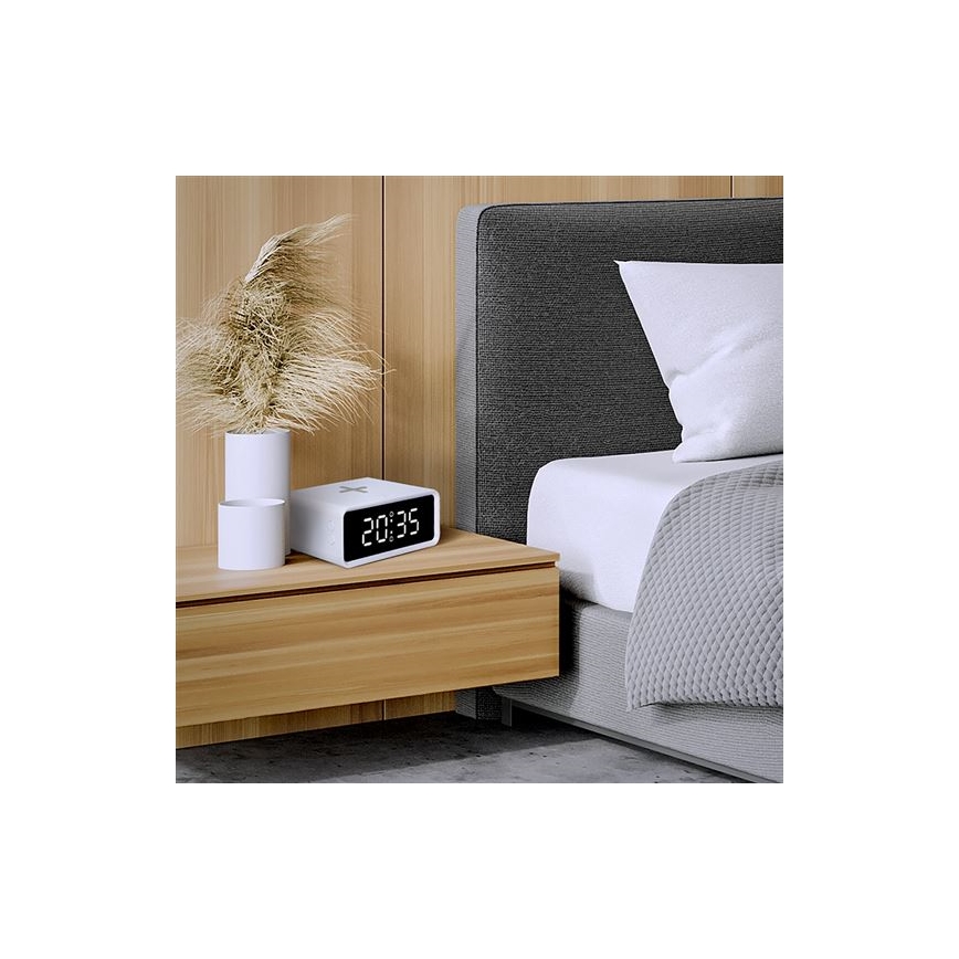 Цифровые часы с беспроводной зарядкой Qi, питание 230 В / CR2032, белые