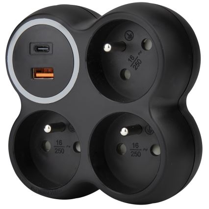 Розгалужувач розеток 3×15 А з портами USB-A та USB-C, чорний