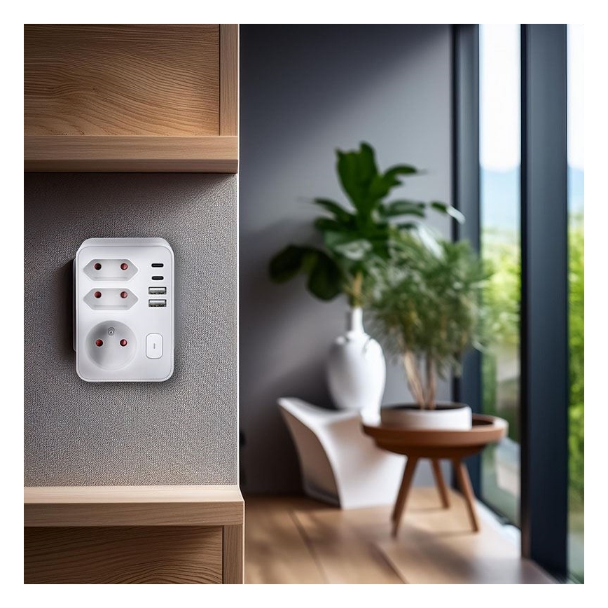 Розгалужувач розеток 1x16A+2x 2,5A з 2xUSB A+C зарядним пристроєм білий