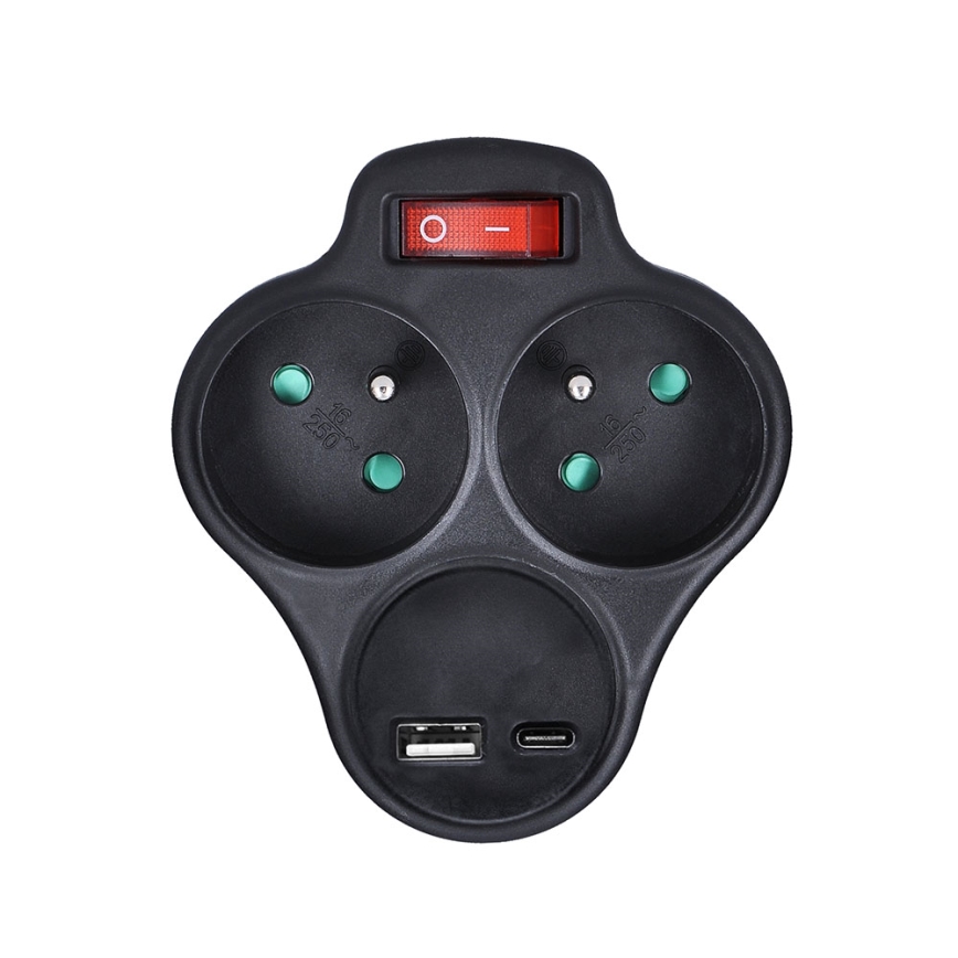 Розетка-разветвитель с зарядным устройством USB A+C и выключателем 2x10A черный
