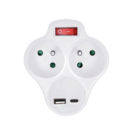 Розетка-розгалужувач з USB A+C зарядним пристроєм і перемикачем 2x10A білий