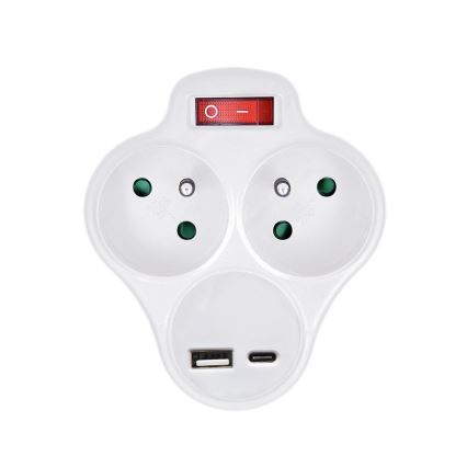 Розетка-розгалужувач з USB A+C зарядним пристроєм і перемикачем 2x10A білий