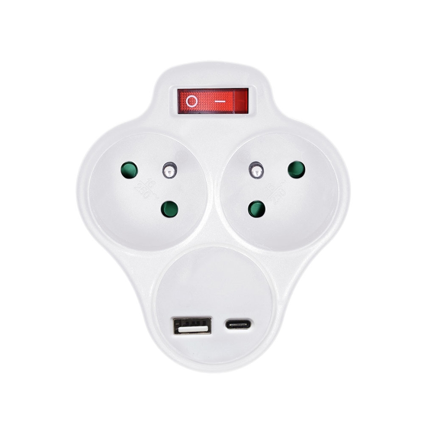 Розетка-розгалужувач з USB A+C зарядним пристроєм і перемикачем 2x10A білий