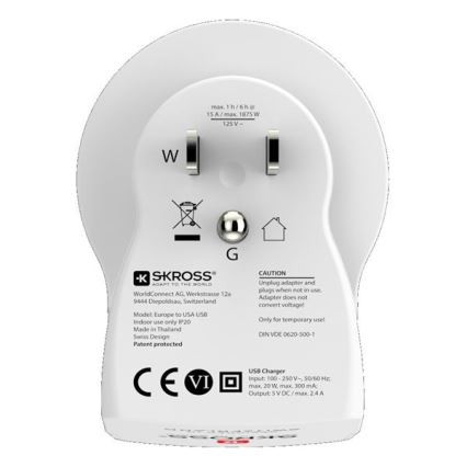 Дорожній адаптер для США 230V + 2x USB-порт