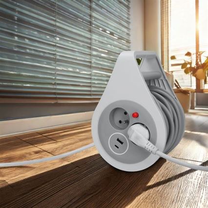 Удлинитель на катушке, 2 розетки + USB A и C, 10 м