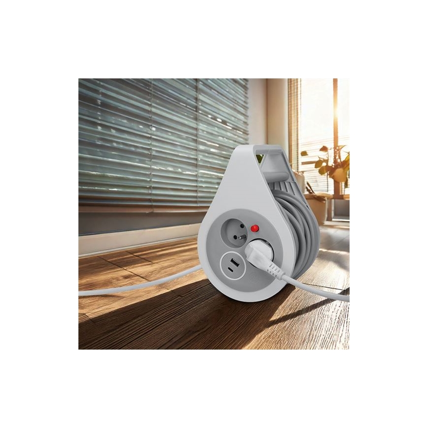 Удлинитель на катушке, 2 розетки + USB A и C, 10 м