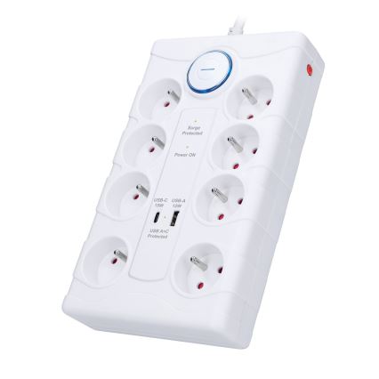 Подовжувач із вимикачем та захистом від перенапруги, 8 розеток, тип E + 1xUSB-A + 1xUSB-C, 2 м, білий