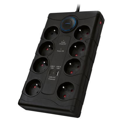 Удлинитель с выключателем и защитой от перенапряжения, 8 розеток, тип E + 1× USB-A + 1× USB-C, 2 м, чёрный