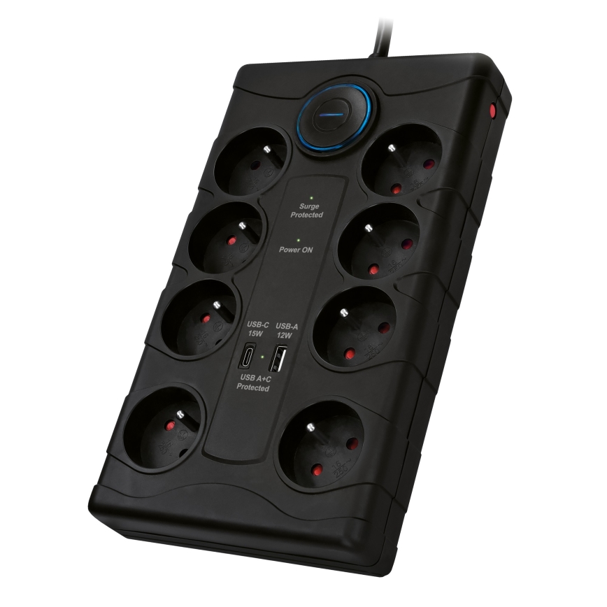 Удлинитель с выключателем и защитой от перенапряжения, 8 розеток, тип E + 1× USB-A + 1× USB-C, 2 м, чёрный