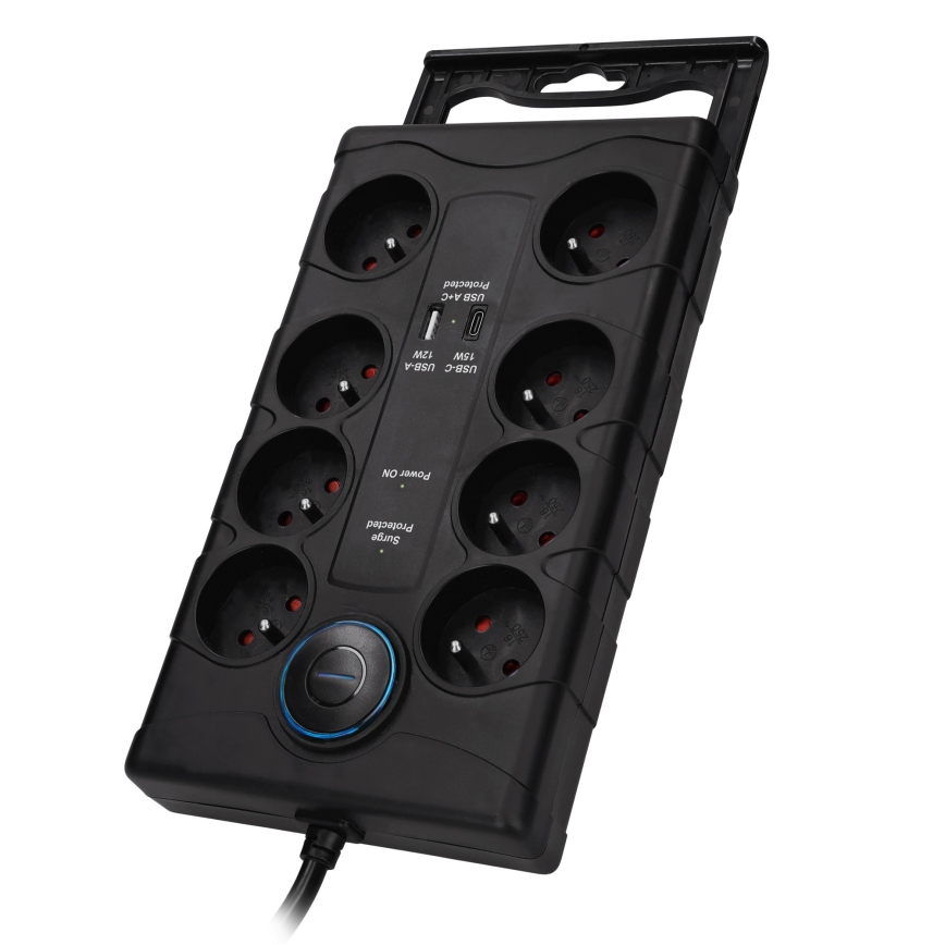 Удлинитель с выключателем и защитой от перенапряжения, 8 розеток, тип E + 1× USB-A + 1× USB-C, 2 м, чёрный