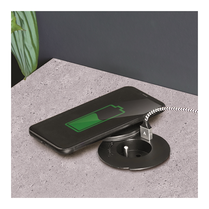 Вбудована розетка з бездротовою зарядкою 10 Вт, 1 розетка + USB A+C, чорна