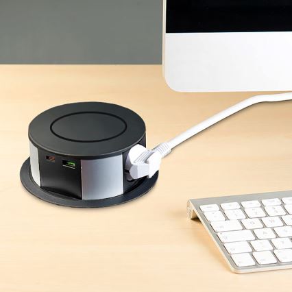 Розеточная колонна для столешницы с беспроводной Qi зарядкой 3x230V + 1xUSB-A + 1xUSB-C черный/серебристый