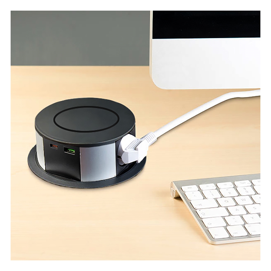 Розеточная колонна для столешницы с беспроводной Qi зарядкой 3x230V + 1xUSB-A + 1xUSB-C черный/серебристый