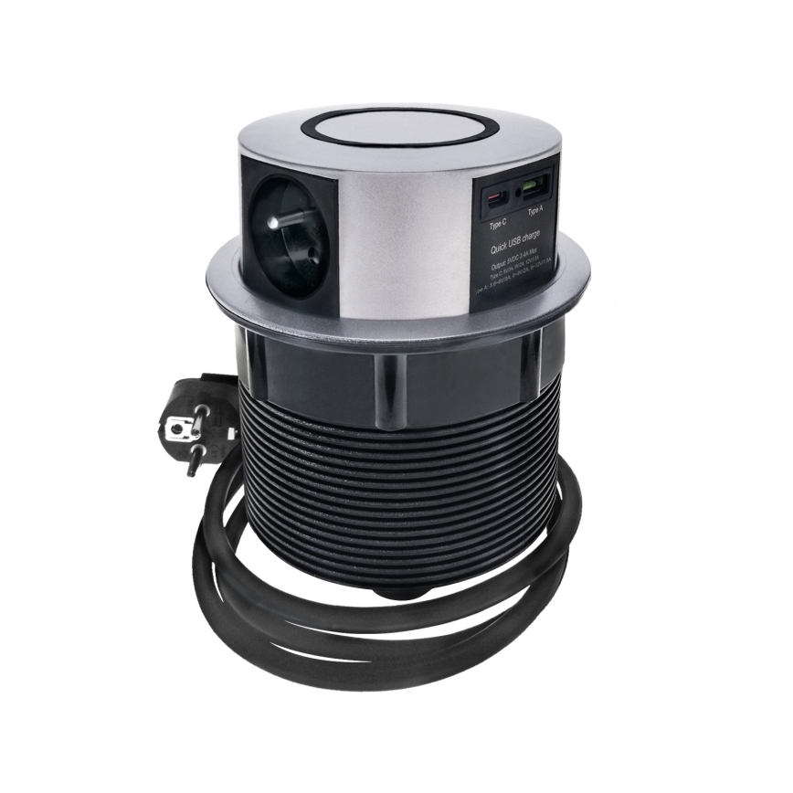 Розеточная колонна для столешницы с беспроводной Qi зарядкой 3x230V + 1xUSB-A + 1xUSB-C серебристый/черный