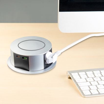 Вбудований блок розеток для стільниці з бездротовою зарядкою Qi 3x230В + 1xUSB-A + 1xUSB-C сріблястий/чорний