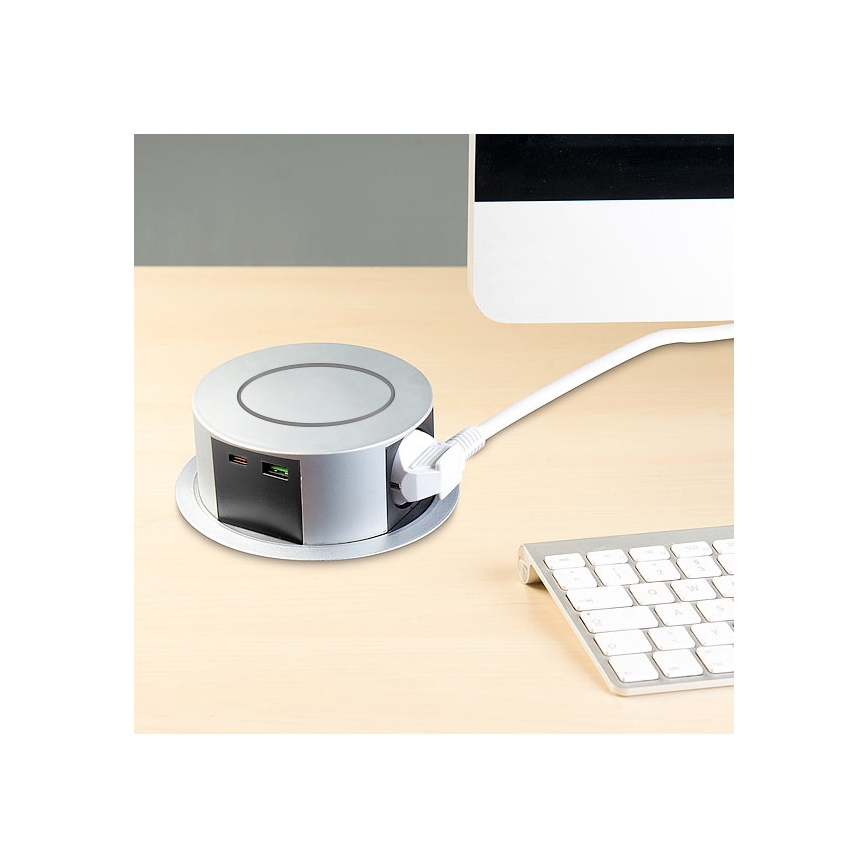 Вбудований блок розеток для стільниці з бездротовою зарядкою Qi 3x230В + 1xUSB-A + 1xUSB-C сріблястий/чорний