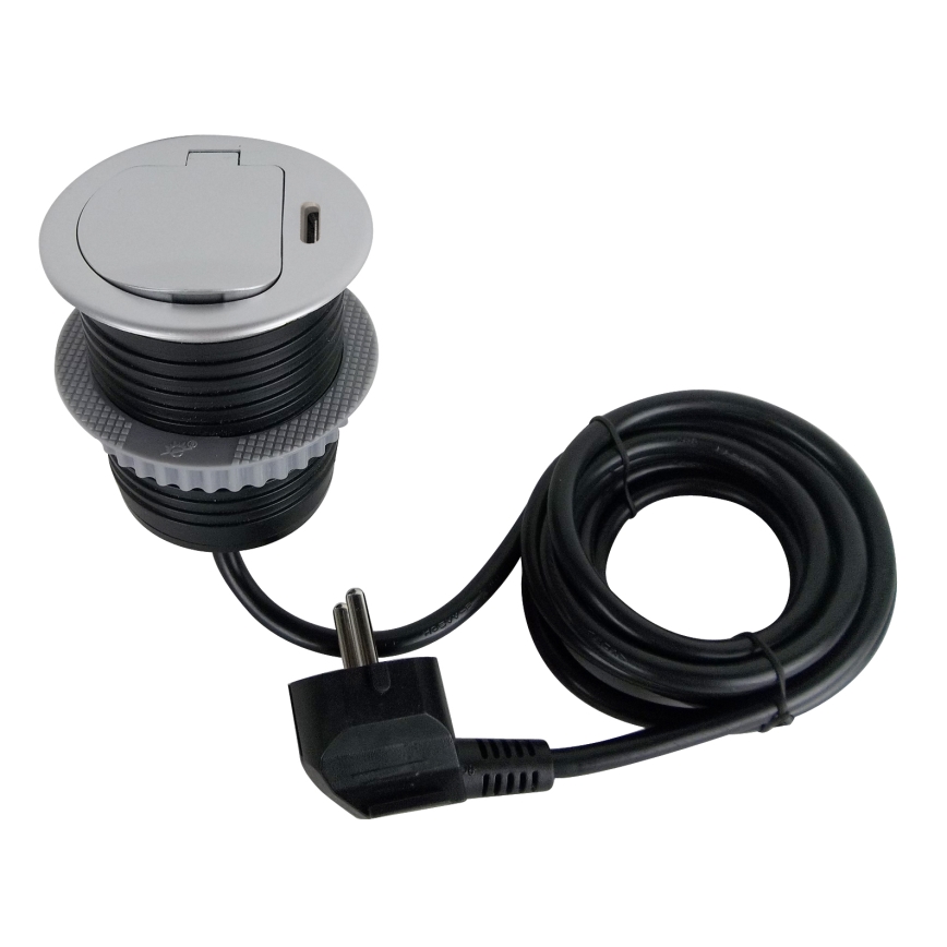 Висувний розетковий блок для столу 1x230V + USB-C Power Delivery срібний/чорний