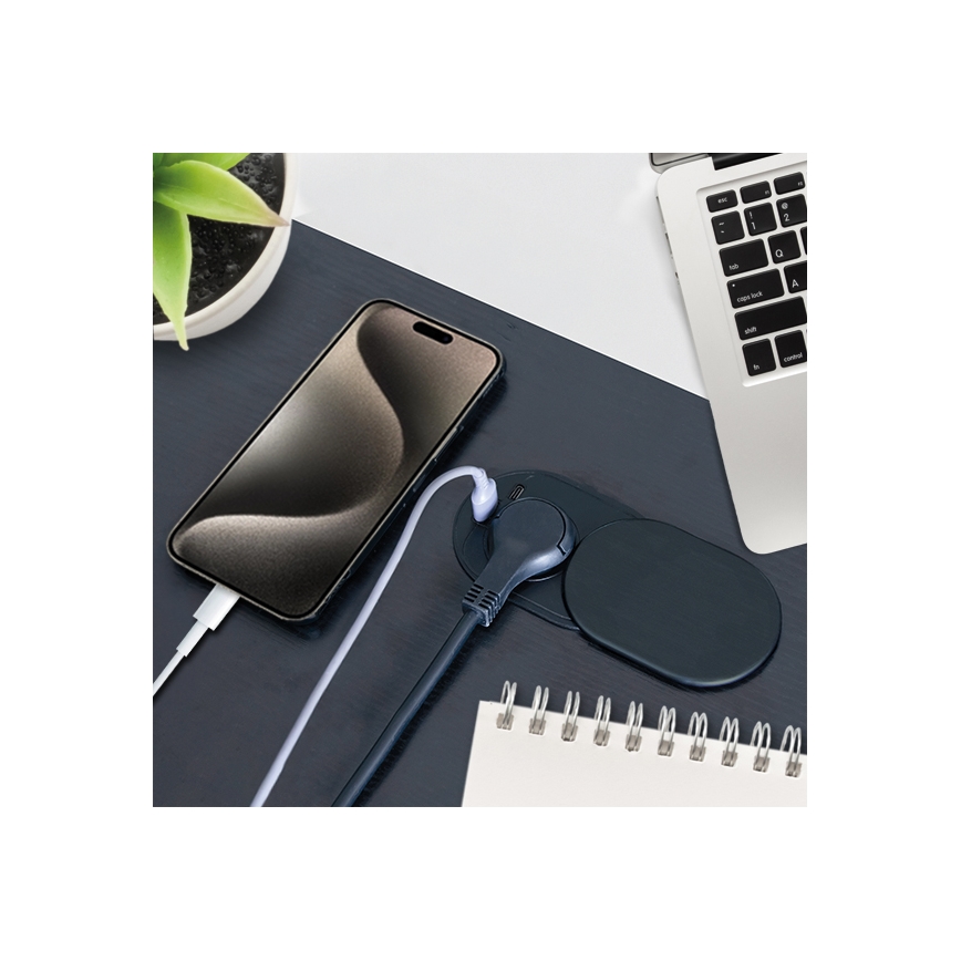 Вбудована розетка з висувною кришкою 20W, 1 розетка + USB A+C, чорна