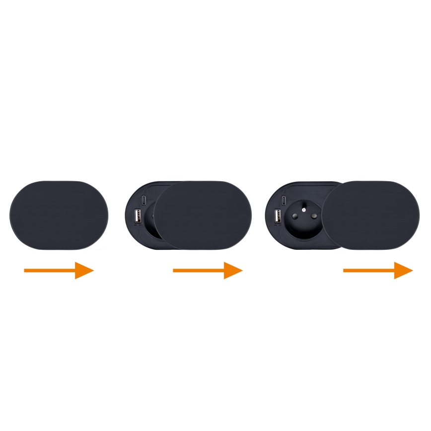 Встраиваемая розетка со сдвижной крышкой 20 Вт 1x розетка + USB A+C черная