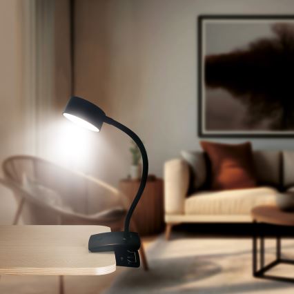 Светодиодная гибкая аккумуляторная настольная с регулированием яркости и зажимом LED/2W/1800 mAh 3000/4000/6500K черный