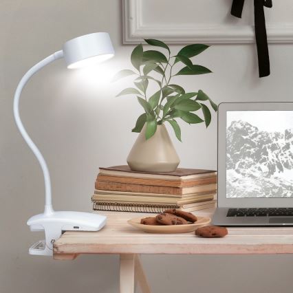 Світлодіодна регульована гнучка настільна лампа з кліпсою, акумуляторна LED/2W/1800 mAh 3000/4000/6500K біла