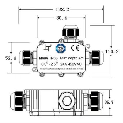 Водонепроницаемая монтажная коробка 24A/450V AC IP68