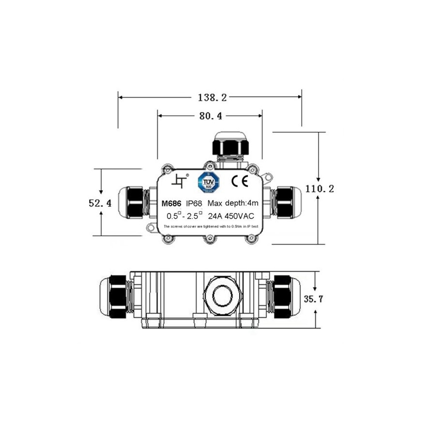 Водонепроницаемая монтажная коробка 24A/450V AC IP68