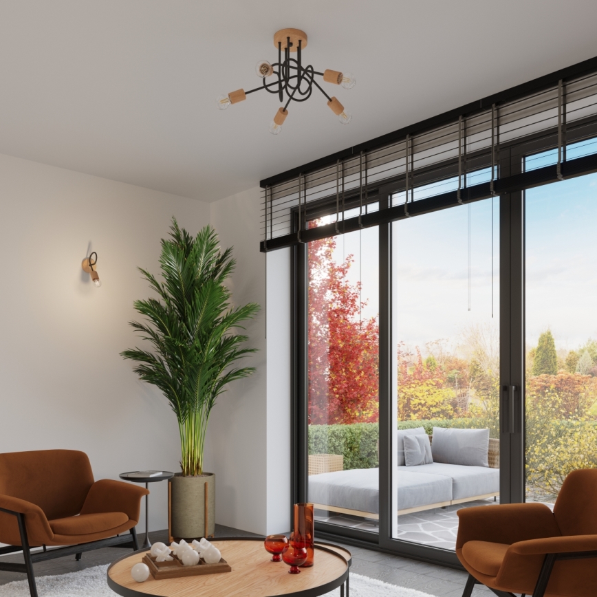 Припотолочная люстра EMBER 5xE27/15W/230V черный/бежевый/бук