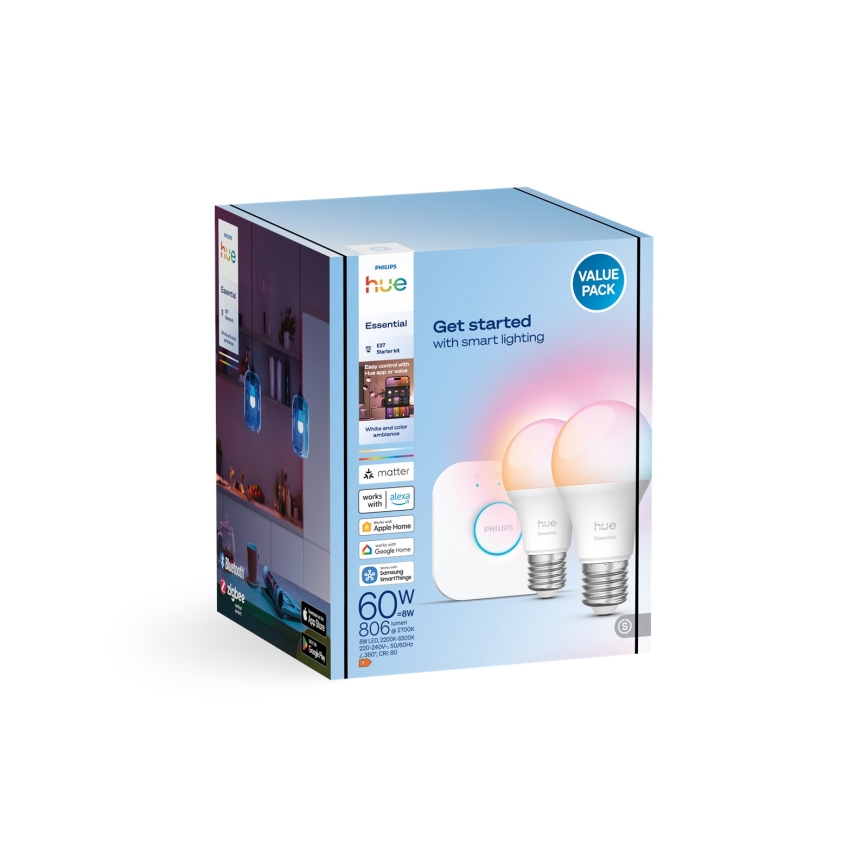 Базовий набір Philips Hue White And Color Ambiance Essential 2xE27/8W/230V 2200–6500K + пристрій для підключення