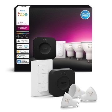 Стартовий набір Philips Hue WHITE AND COLOR AMBIANCE 3xGU10/4,2W 2000-6500K + Hue Bridge та диммерний вимикач