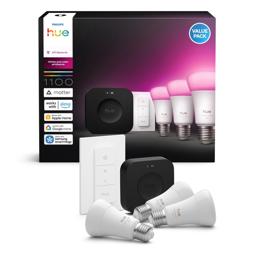 Стартовий комплект Philips Hue WHITE AND COLOR AMBIANCE 3xE27/8,1W 1000-20000K + пристрій для підключення
