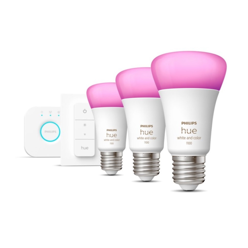 Стартовый набор Philips Hue WHITE AND COLOR AMBIANCE 3xE27/9W 2000-6500K + мост для подключения