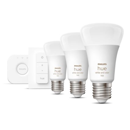 Стартовый набор Philips Hue WHITE AND COLOR AMBIANCE 3xE27/9W 2000-6500K + мост для подключения