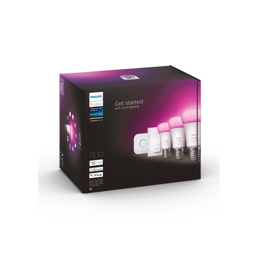 Стартовый набор Philips Hue WHITE AND COLOR AMBIANCE 3xE27/9W 2000-6500K + мост для подключения