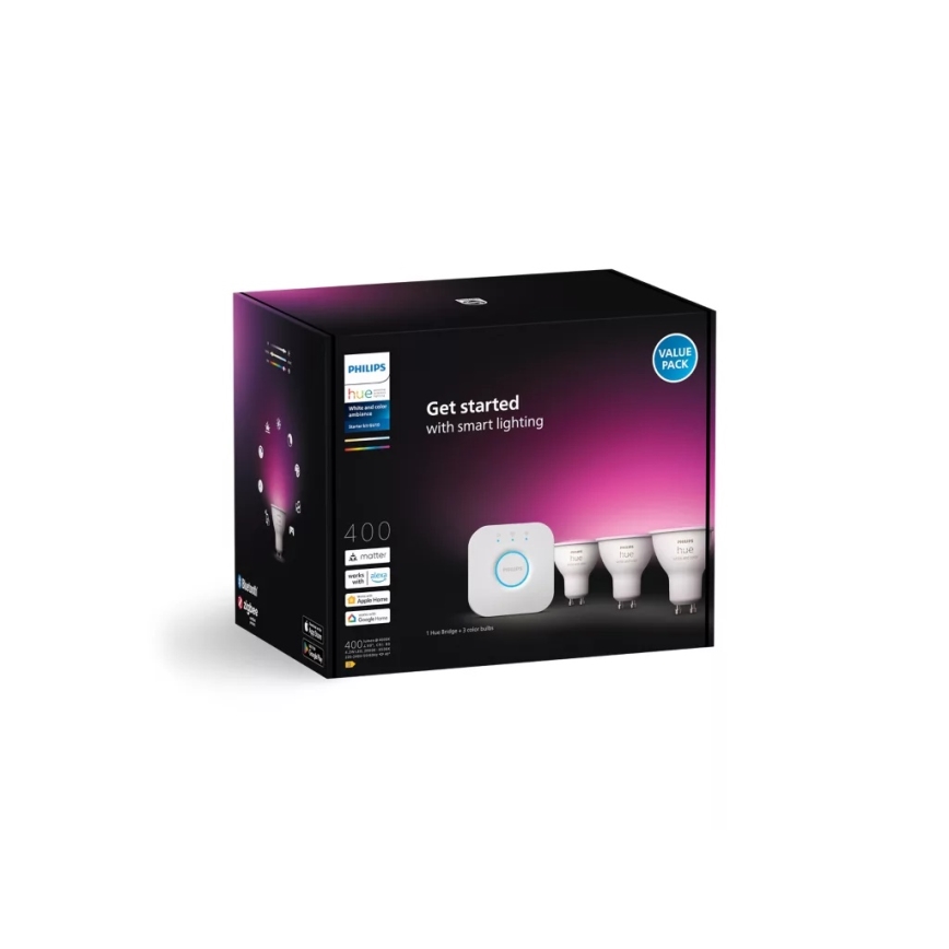 Стартовый комплект Philips Hue WHITE AND COLOR AMBIANCE — 3×GU10, 4,2 Вт / 230 В, 2200–6500 K + Hue Bridge