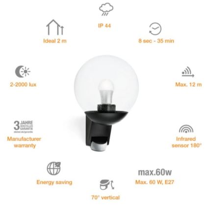 STEINEL 005535 - Уличный настенный светильник с датчиком L585S 1xE27/60W IP44 черный