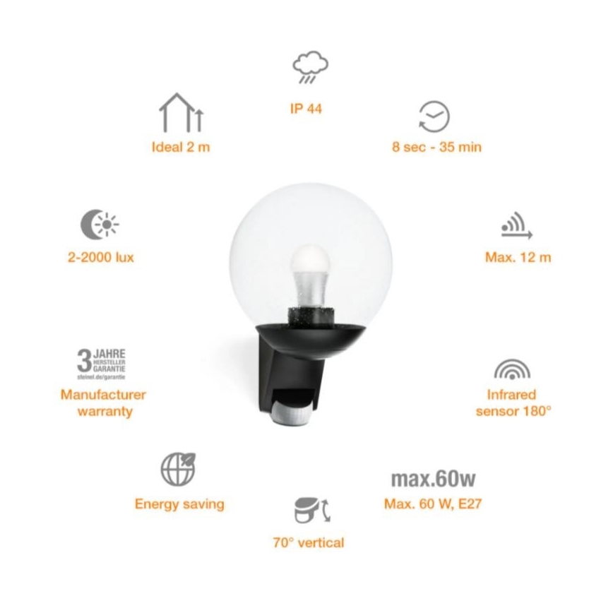 STEINEL 005535 - Уличный настенный светильник с датчиком L585S 1xE27/60W IP44 черный